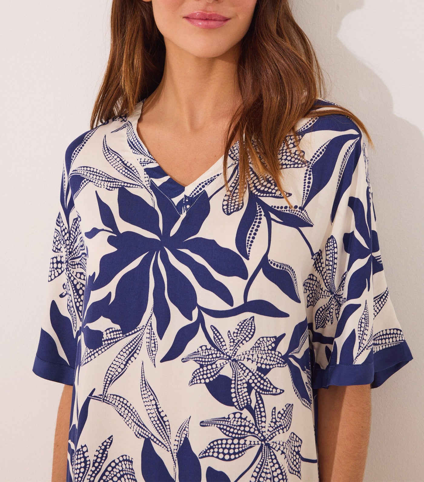 Long Satin Dress Floral Print Navy