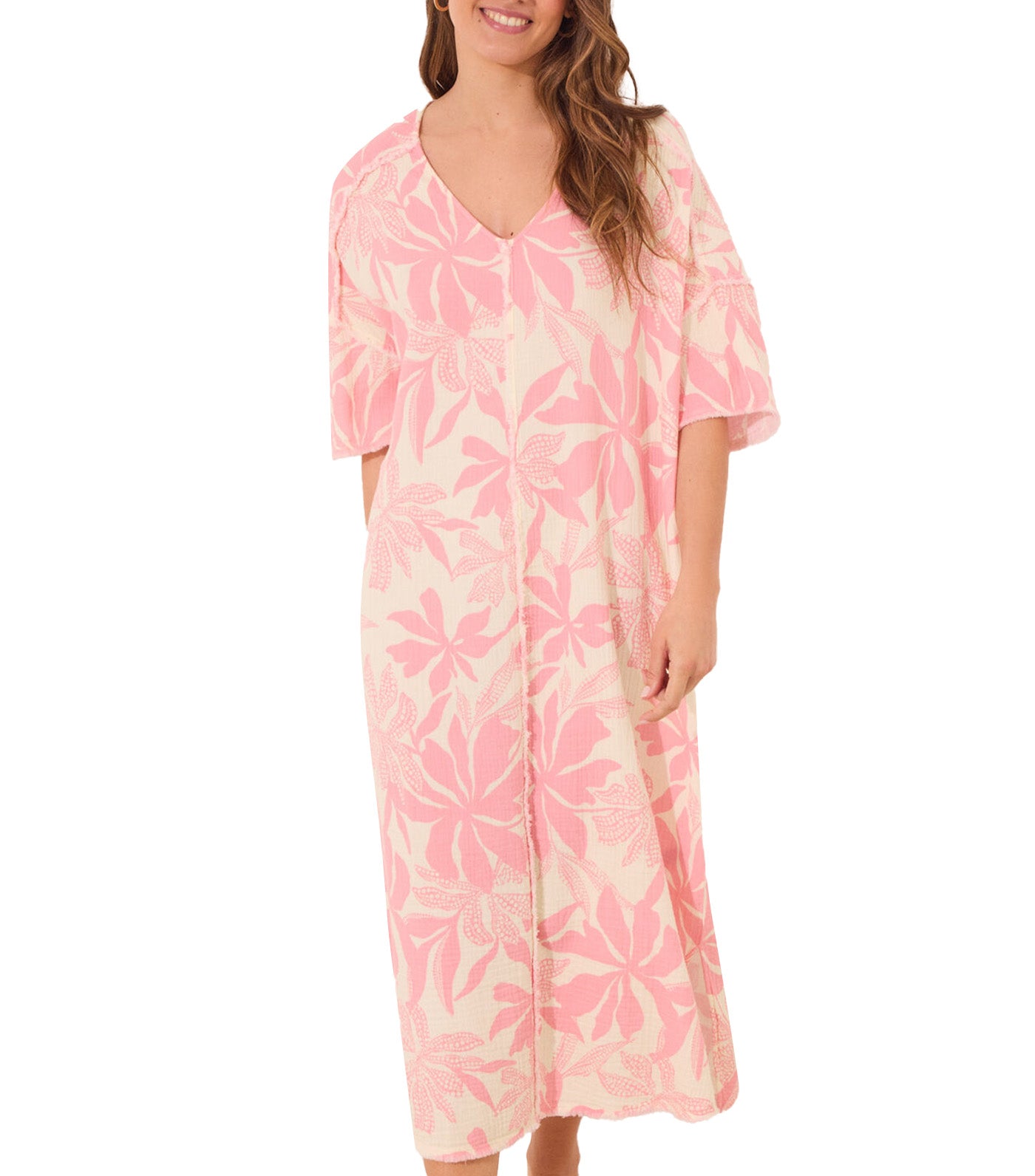 Long Muslin Dress Flower Print Pink