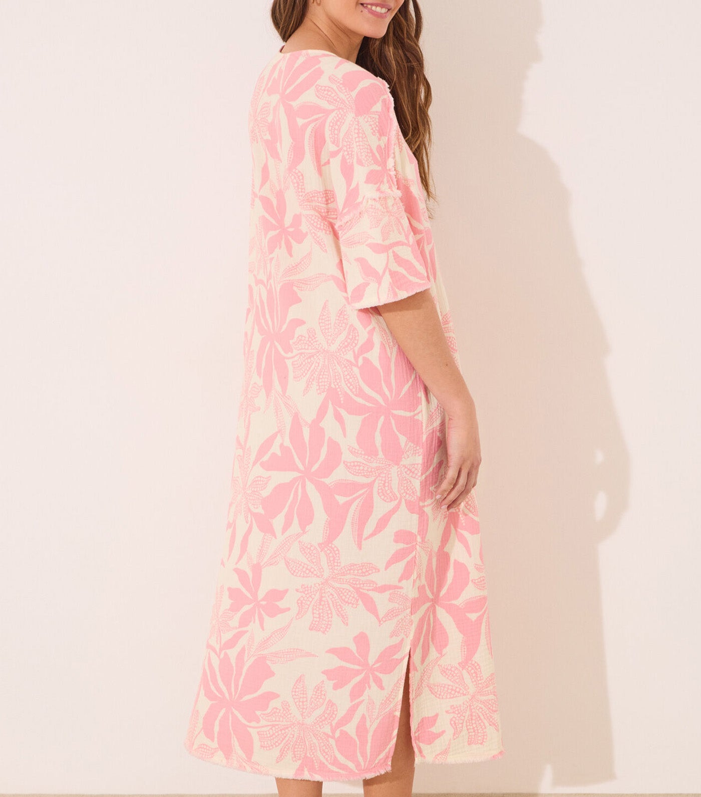 Long Muslin Dress Flower Print Pink