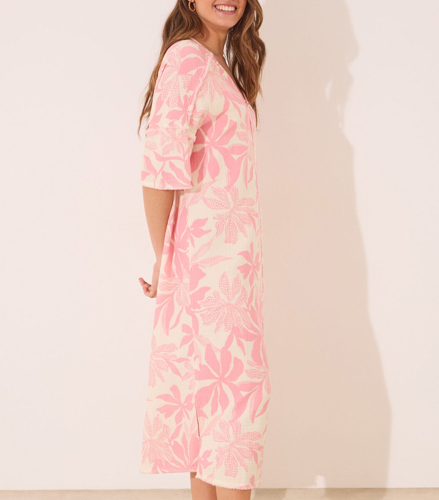 Long Muslin Dress Flower Print Pink