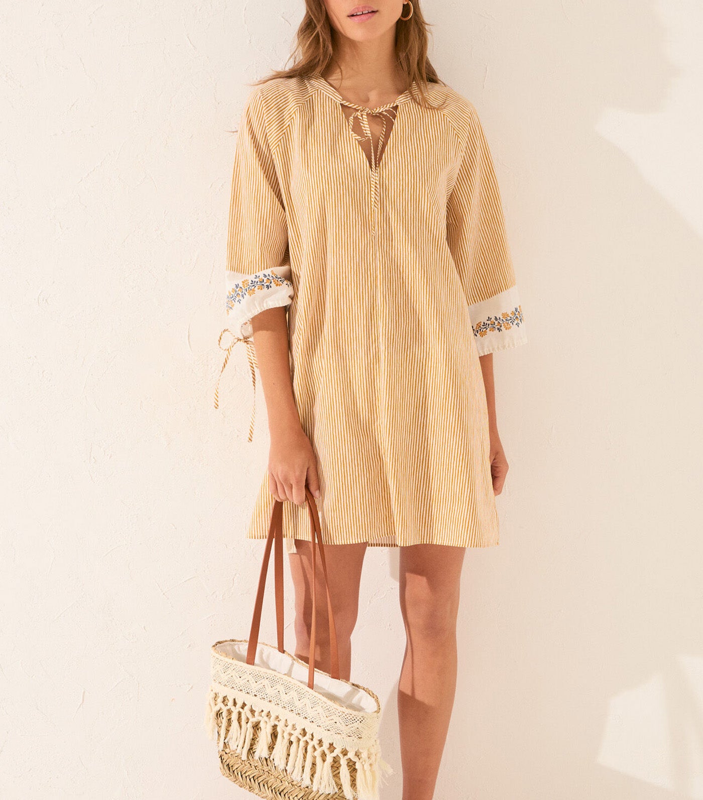 Striped Cotton Midi Tunic with Border Yellow