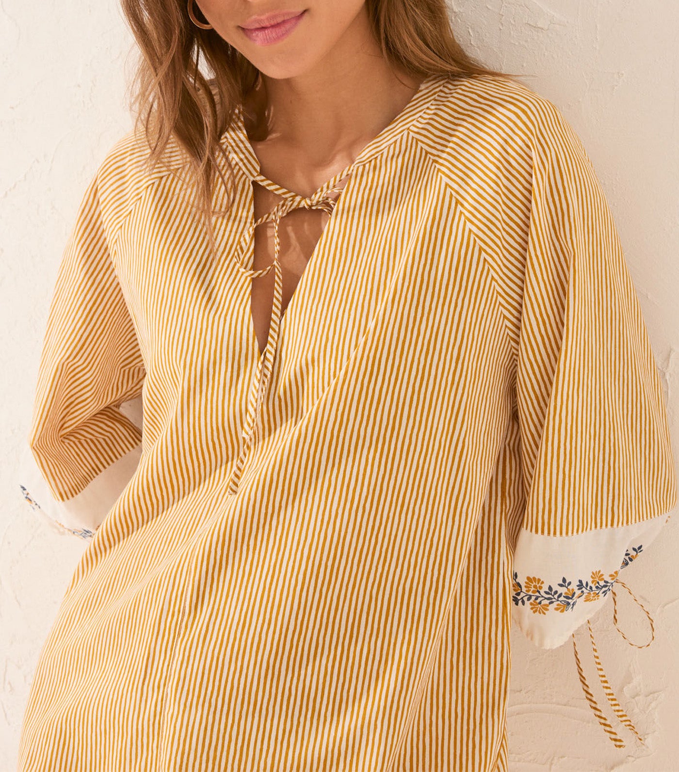 Striped Cotton Midi Tunic with Border Yellow