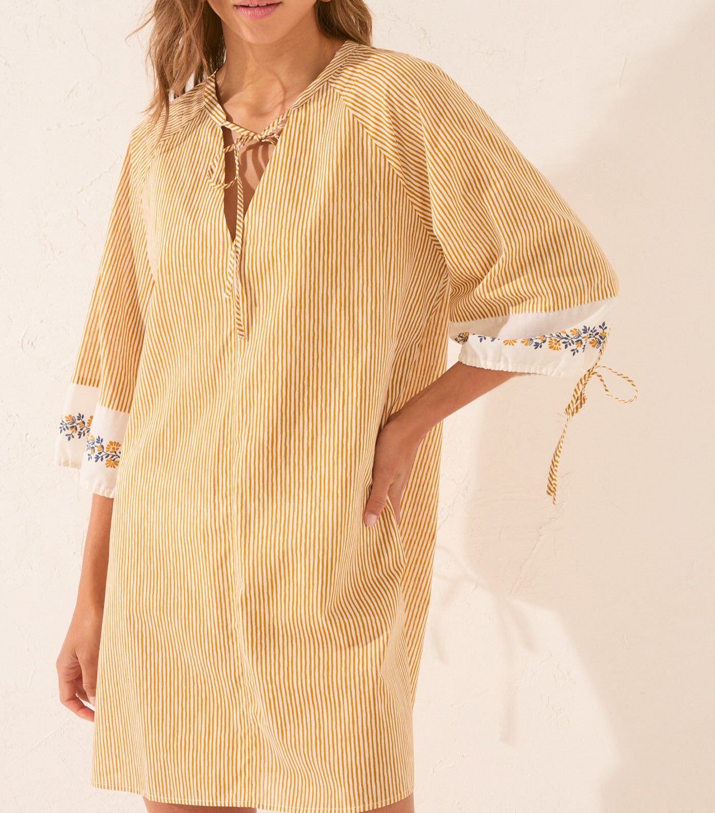 Striped Cotton Midi Tunic with Border Yellow
