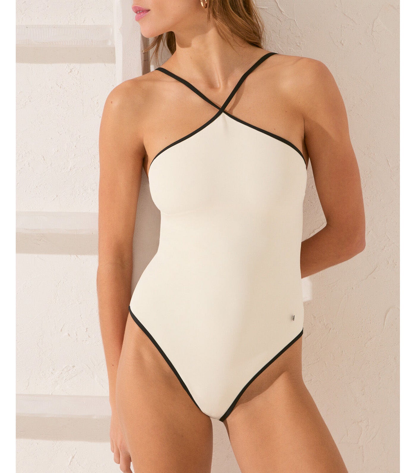 Halterneck Swimsuit with Piping Detail Ivory White