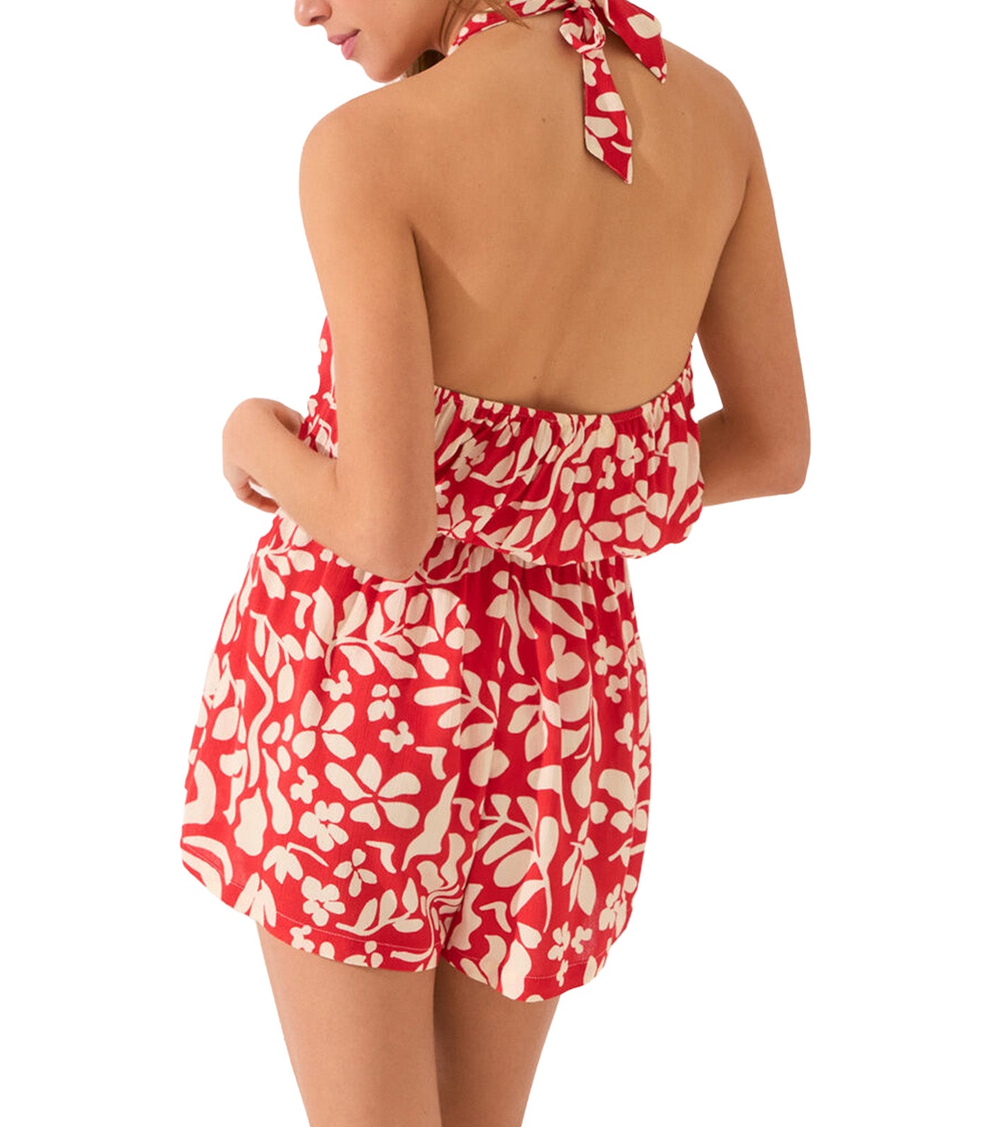 Halterneck Print Short Jumpsuit Red