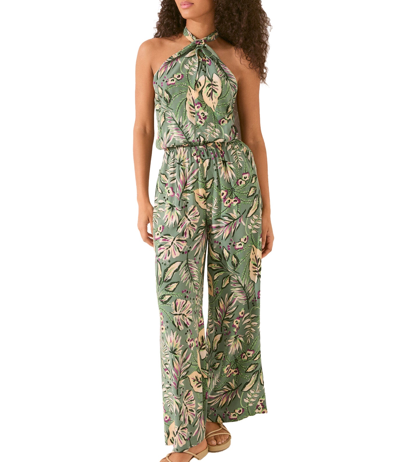 Halterneck Jumpsuit with Tropical Print Green