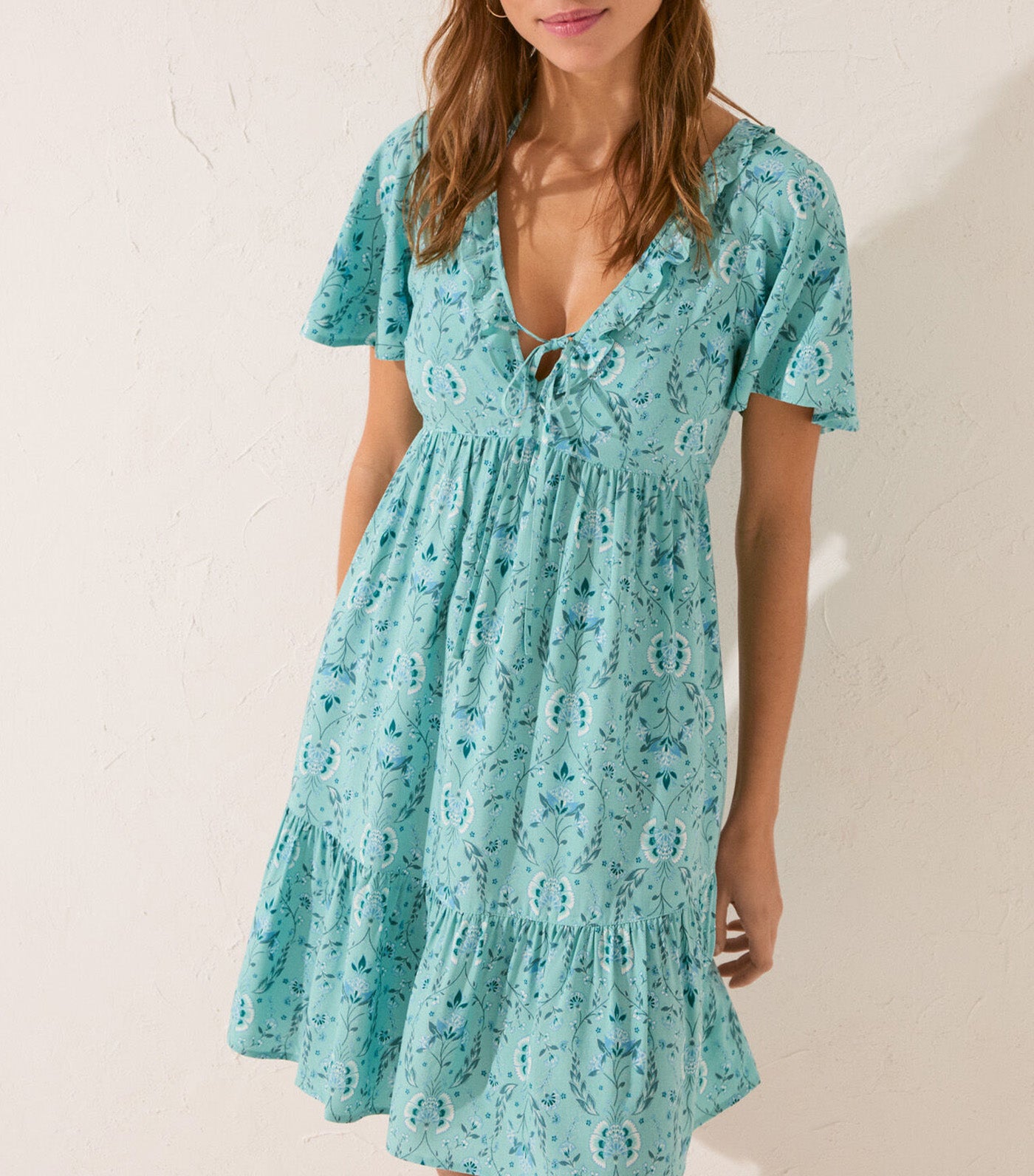 Short Dress with Flower Print Ruffles Blue