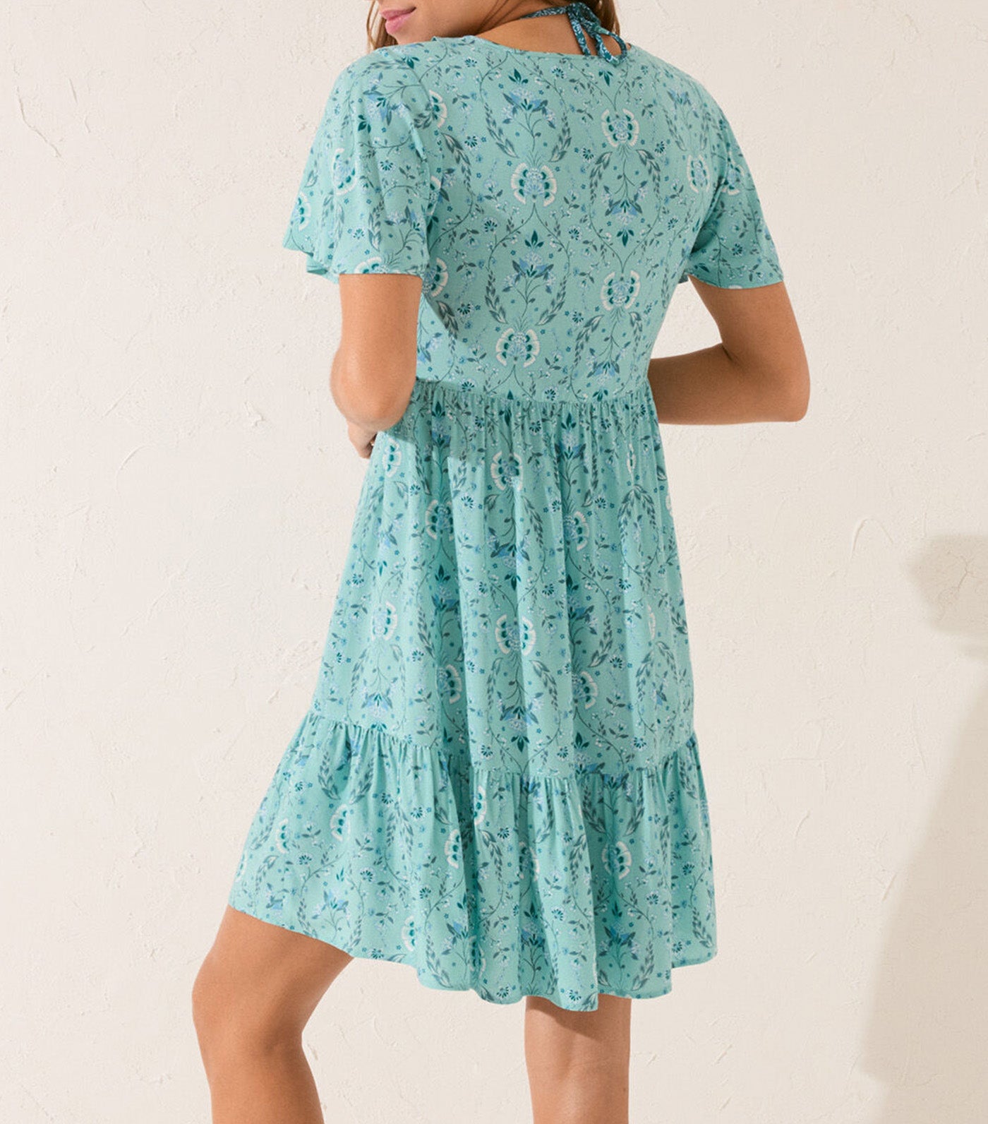 Short Dress with Flower Print Ruffles Blue