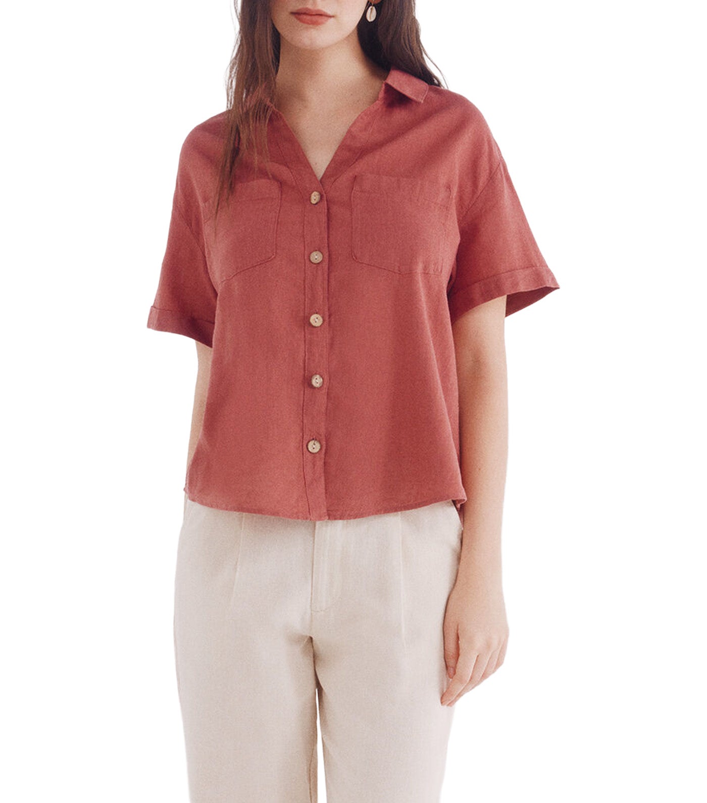 Short Sleeve Cotton Linen Shirt for Women