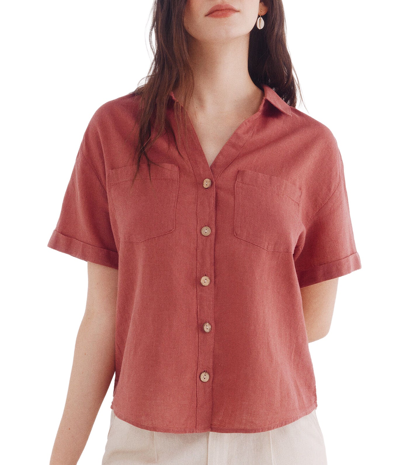 Short Sleeve Cotton Linen Shirt for Women