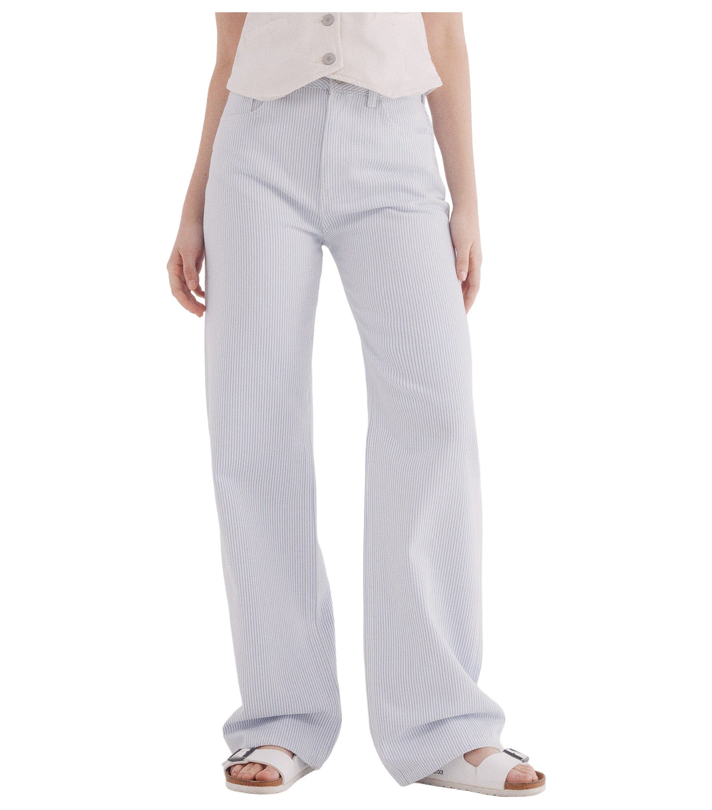 Wide Leg Striped Cotton Jeans Light Blue
