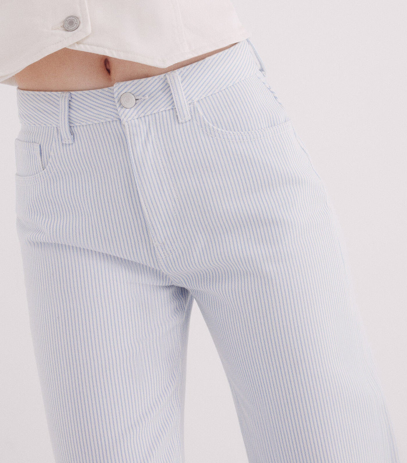 Wide Leg Striped Cotton Jeans Light Blue