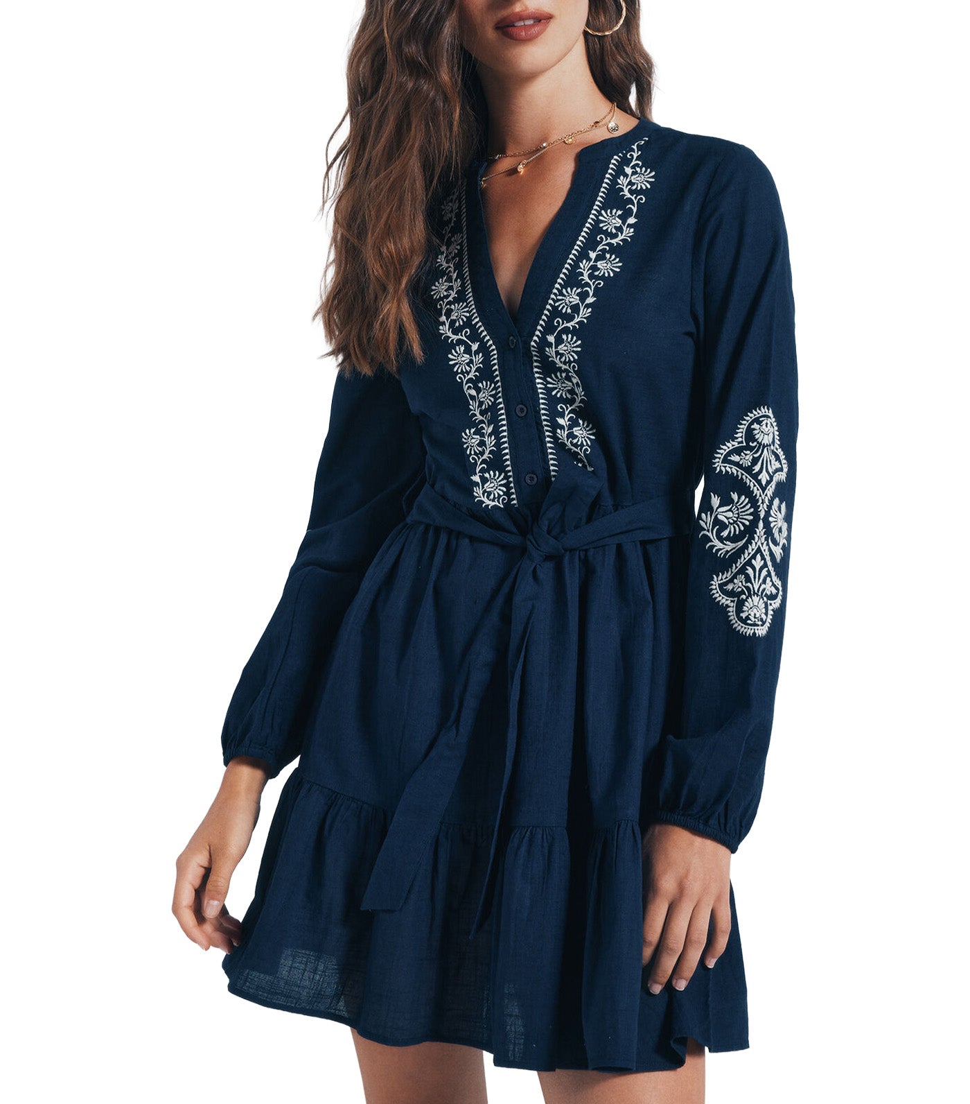 Springfield Short Embroidered Shirt Dress Medium Blue