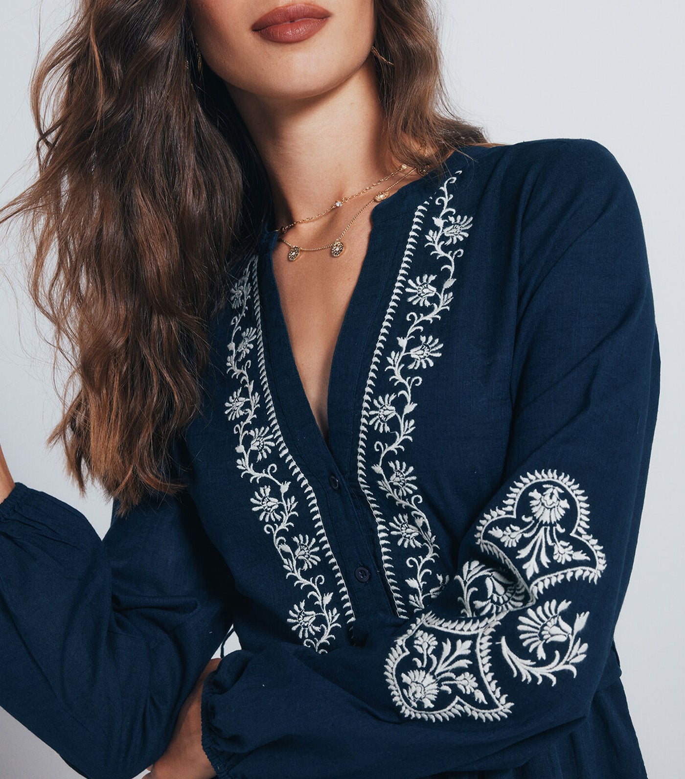 Springfield Short Embroidered Shirt Dress Medium Blue