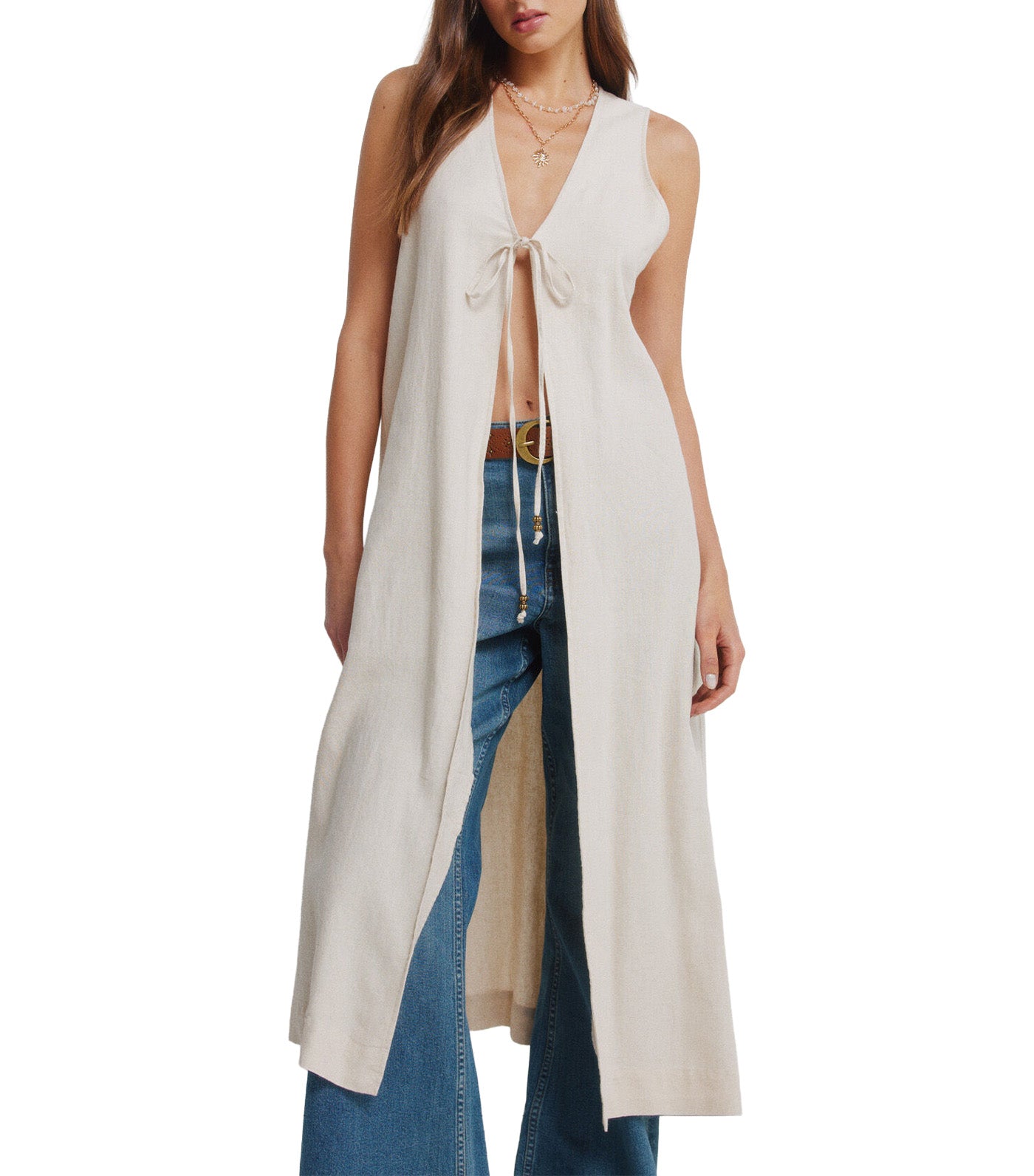 Linen Long Gilet Sand
