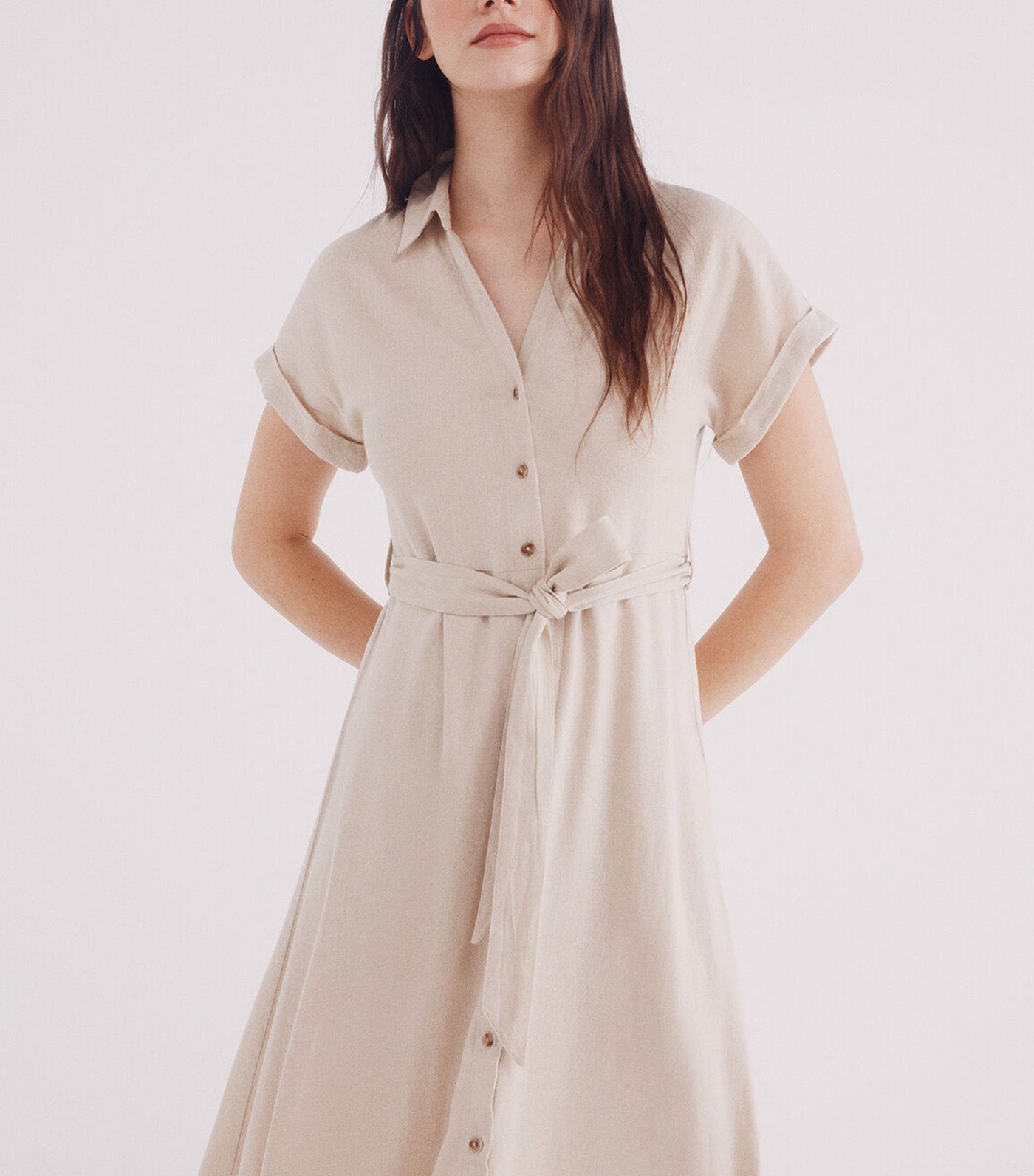 Shirt Midi Dress with Belt in Linen Blend