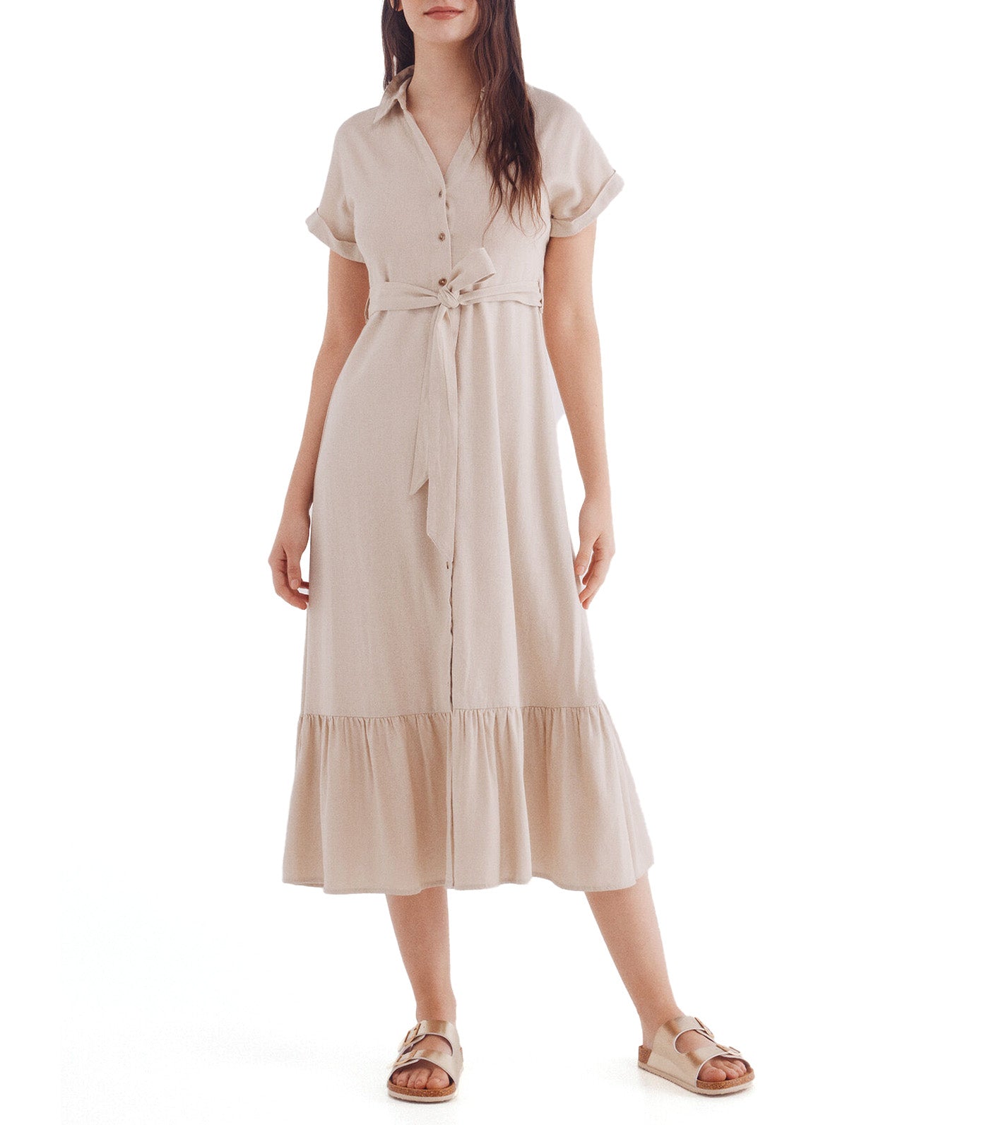Shirt Midi Dress with Belt in Linen Blend