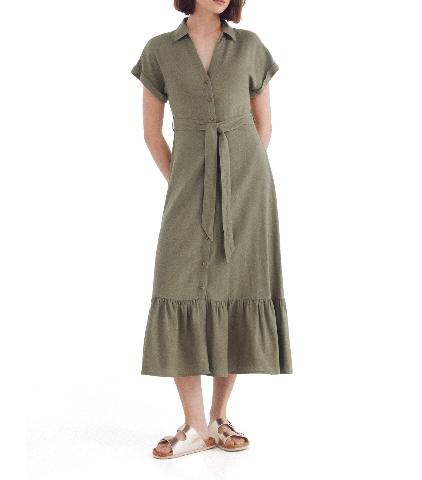 Shirt Midi Dress with Belt in Linen Blend
