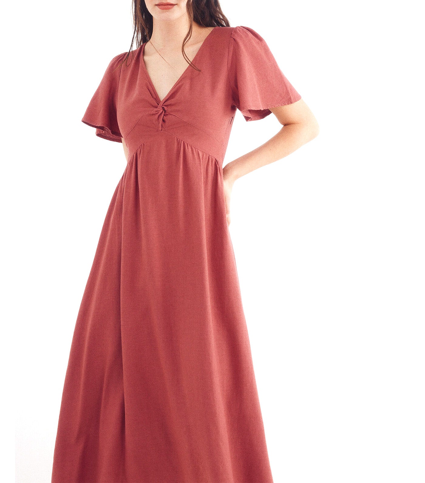 Midi Dress with Gathered Detail in Linen Blend Orange