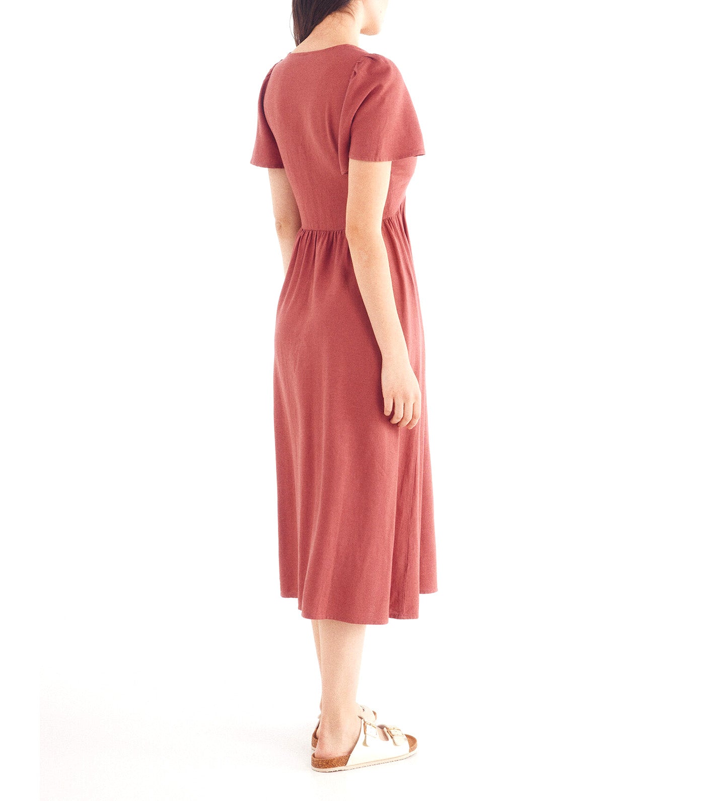 Midi Dress with Gathered Detail in Linen Blend Orange