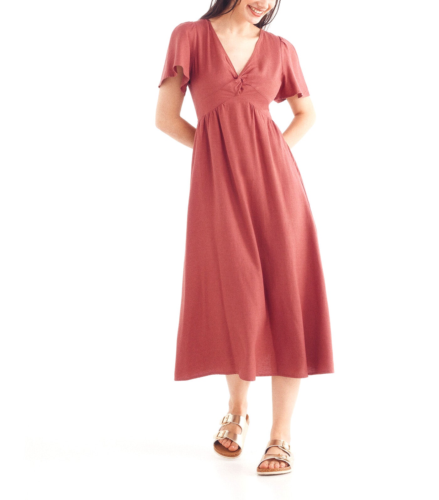 Midi Dress with Gathered Detail in Linen Blend Orange