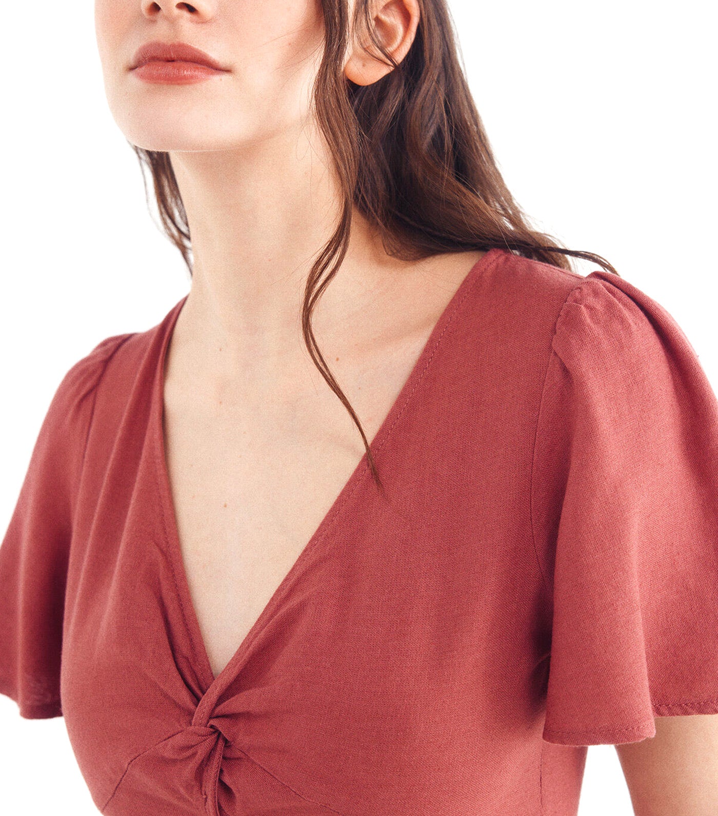 Midi Dress with Gathered Detail in Linen Blend Orange