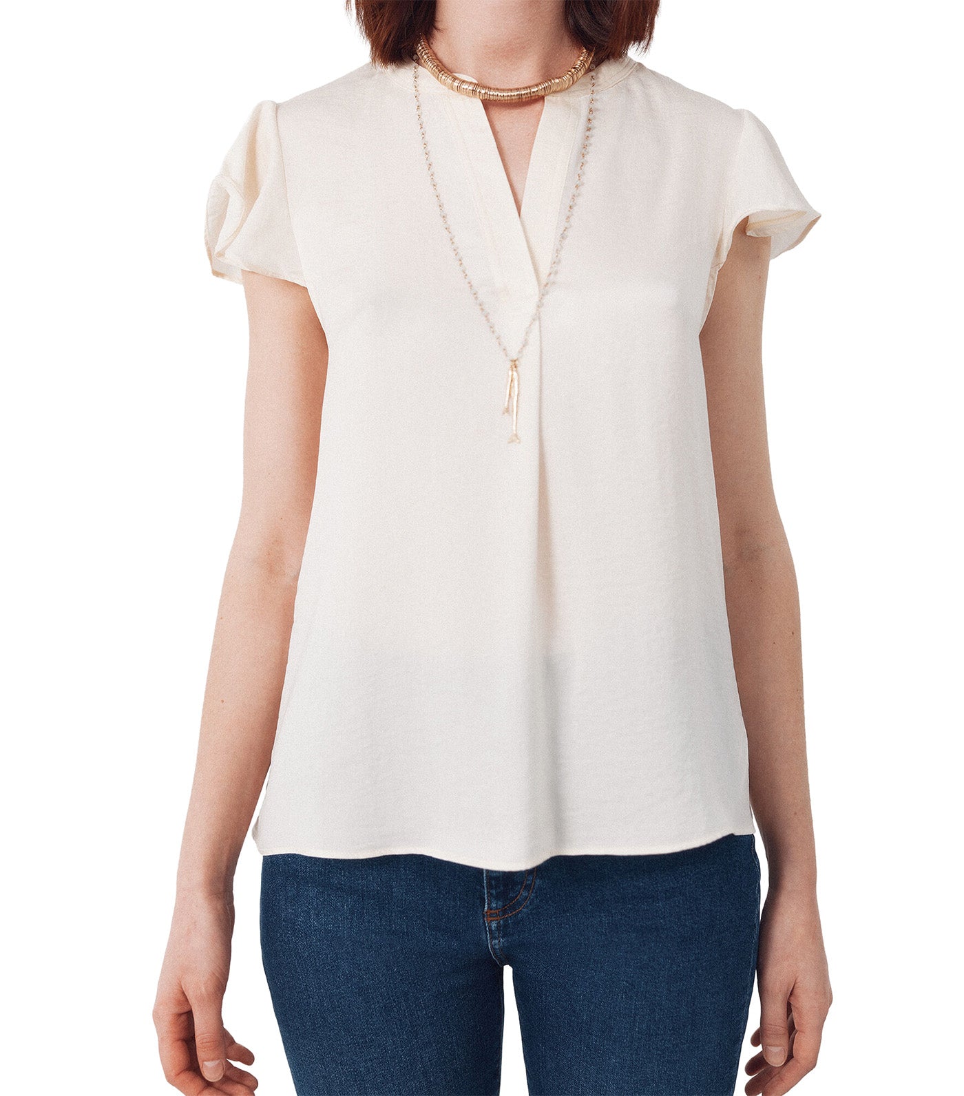 Fluid Flutter Sleeve Blouse Beige