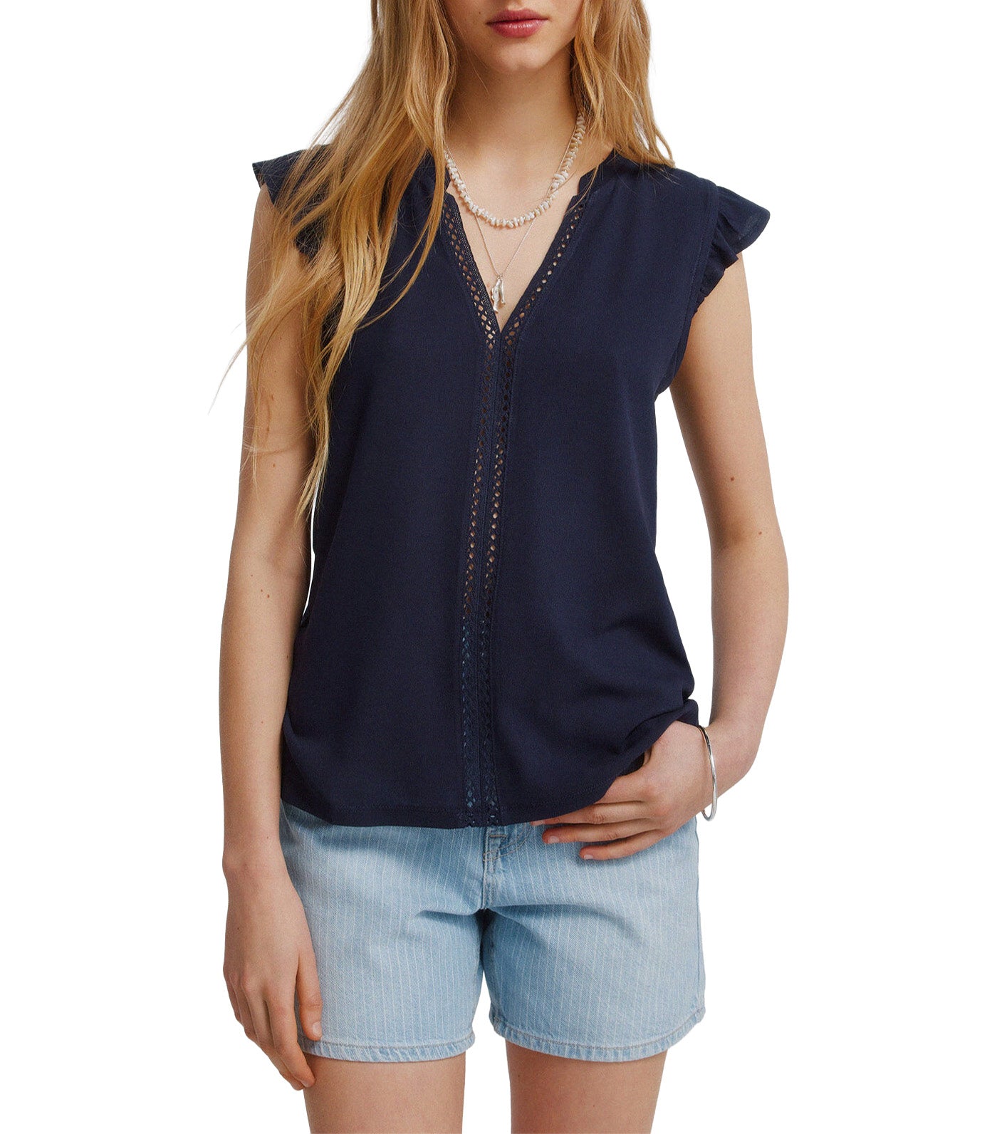 Lace Ruffle T-Shirt Dark Blue