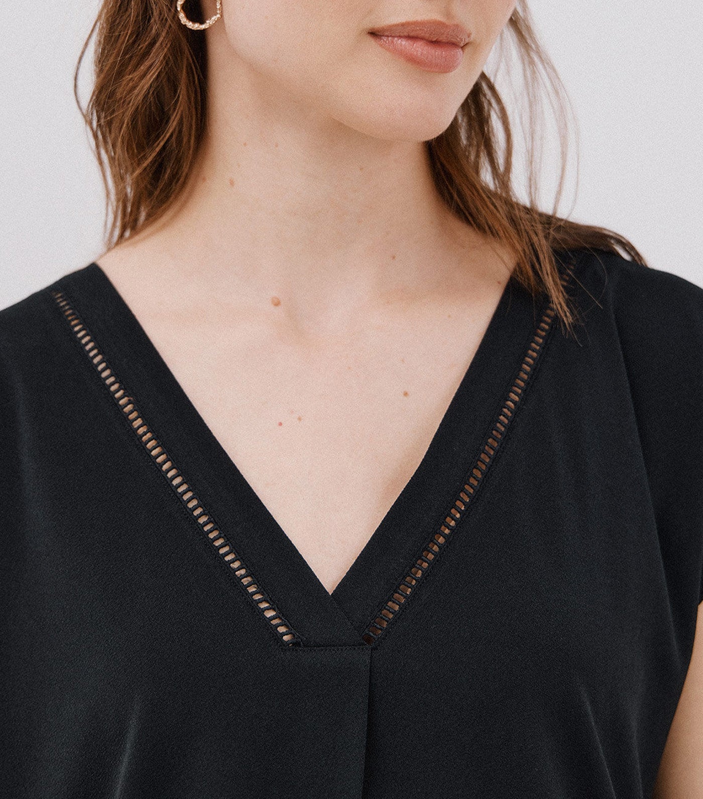 Cortefiel V-Neck T-Shirt with Lace Detail Black