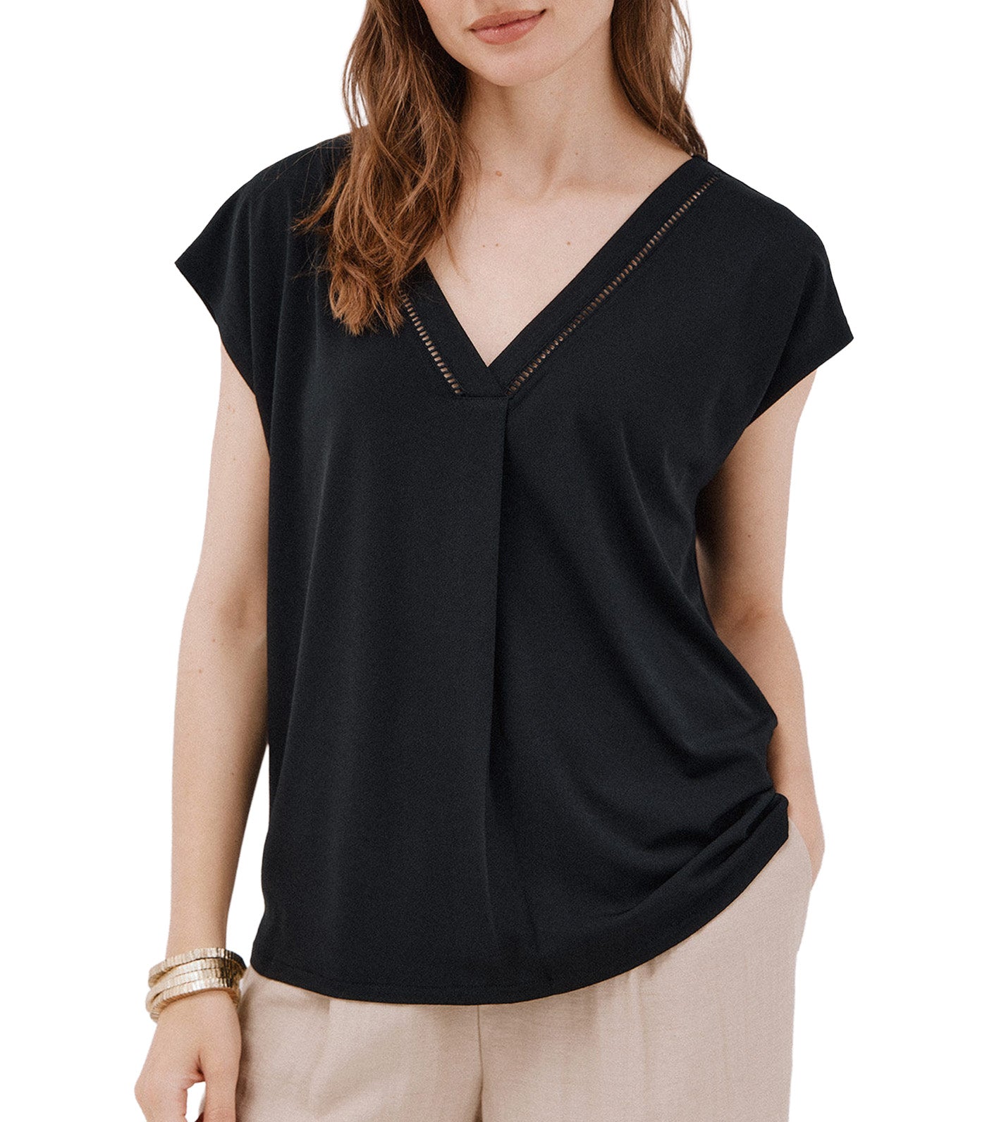 Cortefiel V-Neck T-Shirt with Lace Detail Black