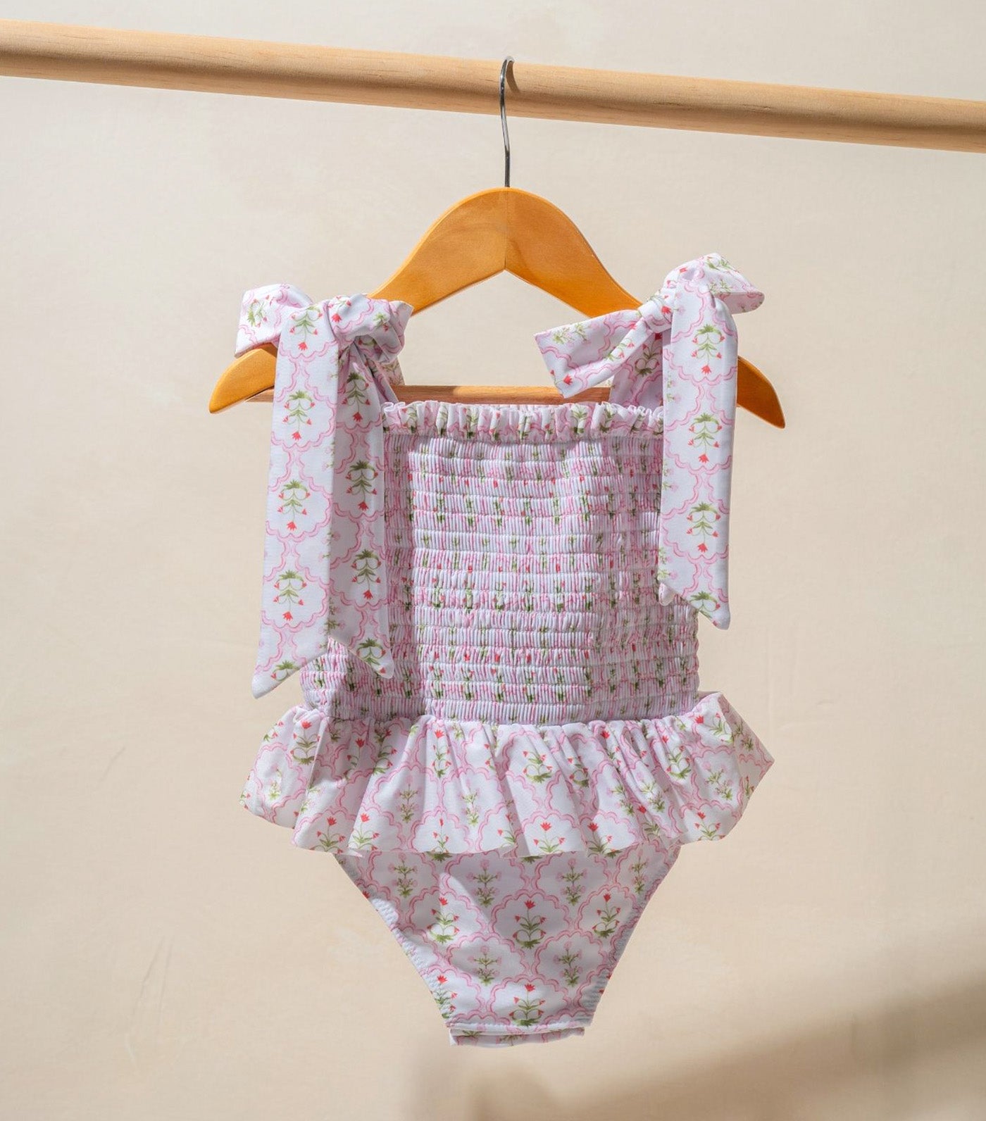 Sophia Tie-Strap Smocked Swimsuit Pink Wildflower