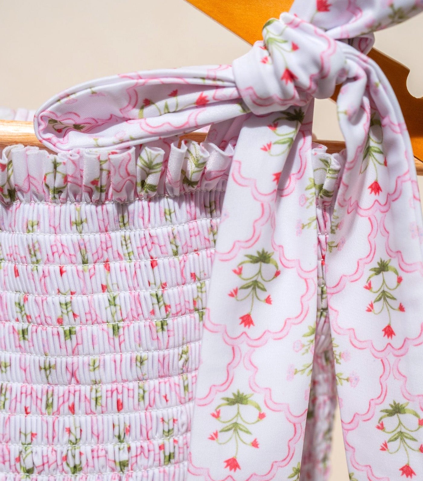 Sophia Tie-Strap Smocked Swimsuit Pink Wildflower