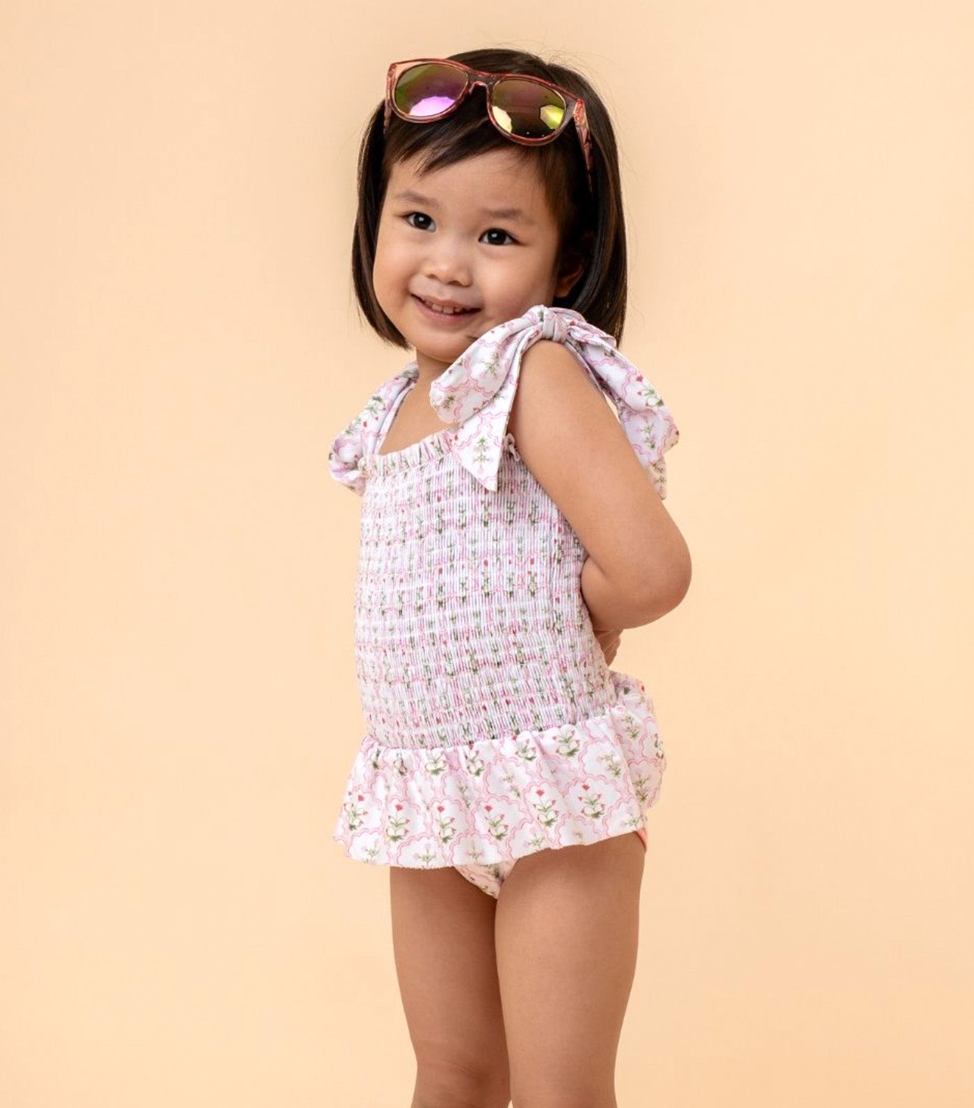 Sophia Tie-Strap Smocked Swimsuit Pink Wildflower