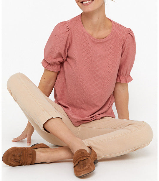 Textured Jersey-knit Openwork Top Pink