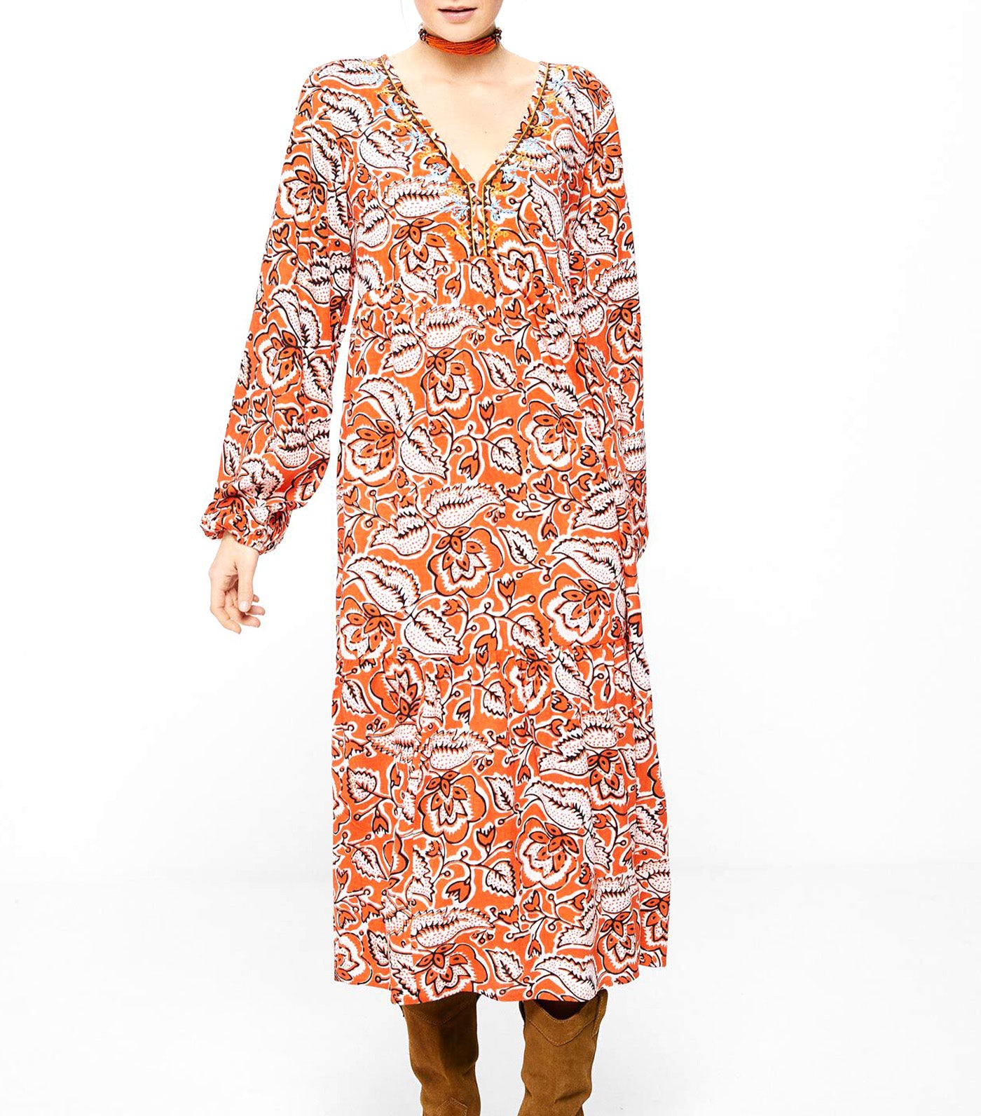 Midi Dress with Embroidered Neckline Orange