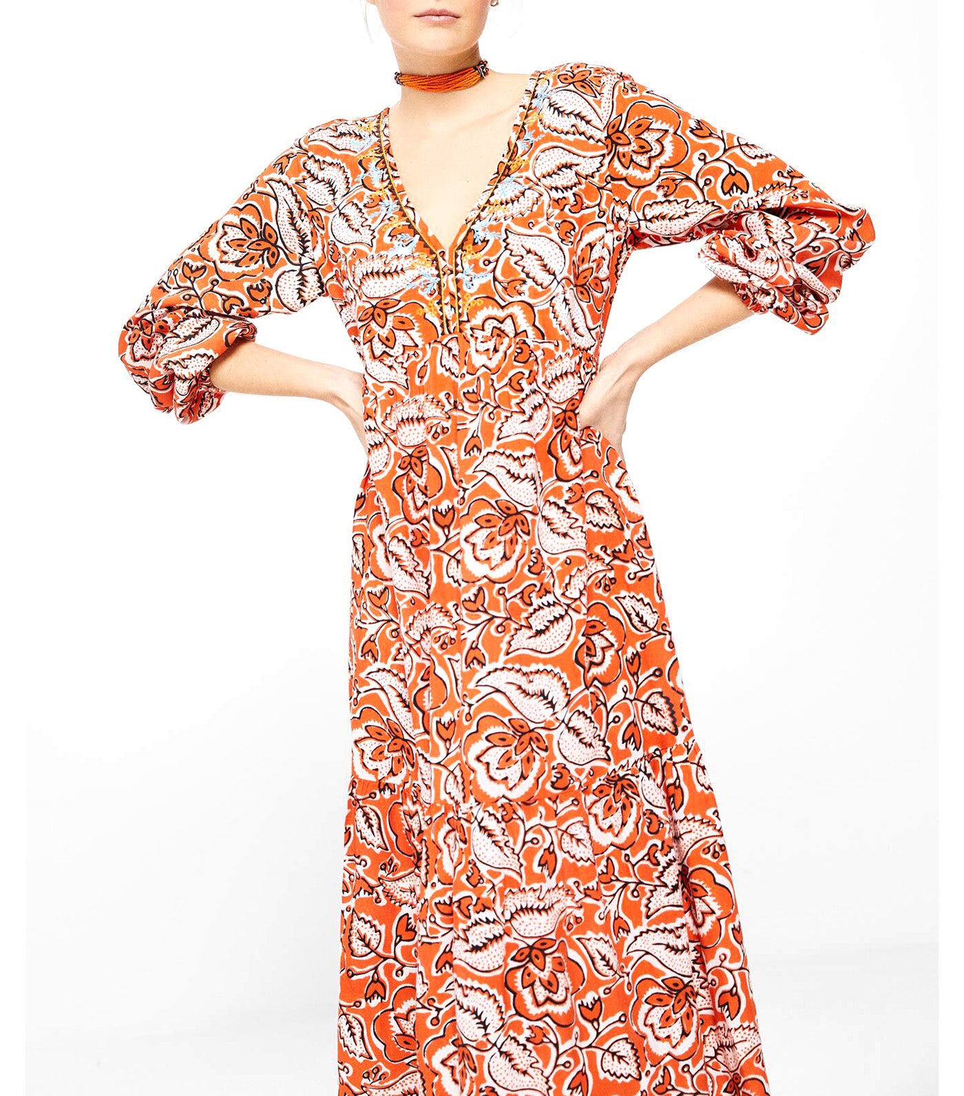 Midi Dress with Embroidered Neckline Orange