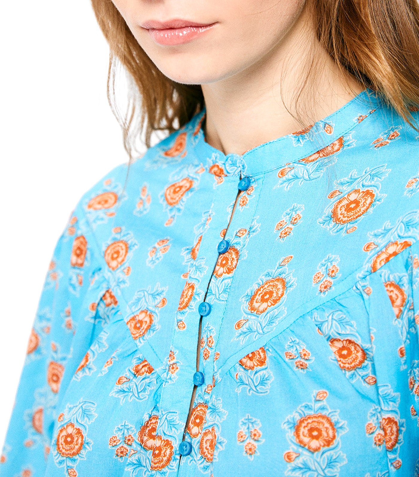 Stitching Printed Blouse Blue