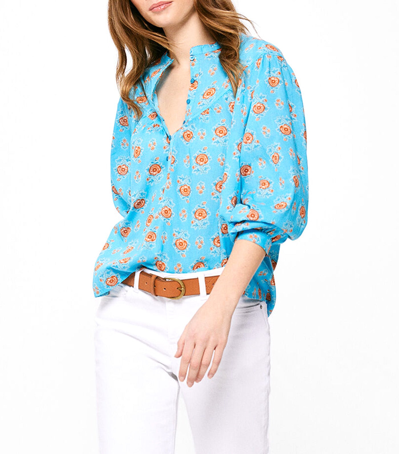 Stitching Printed Blouse Blue