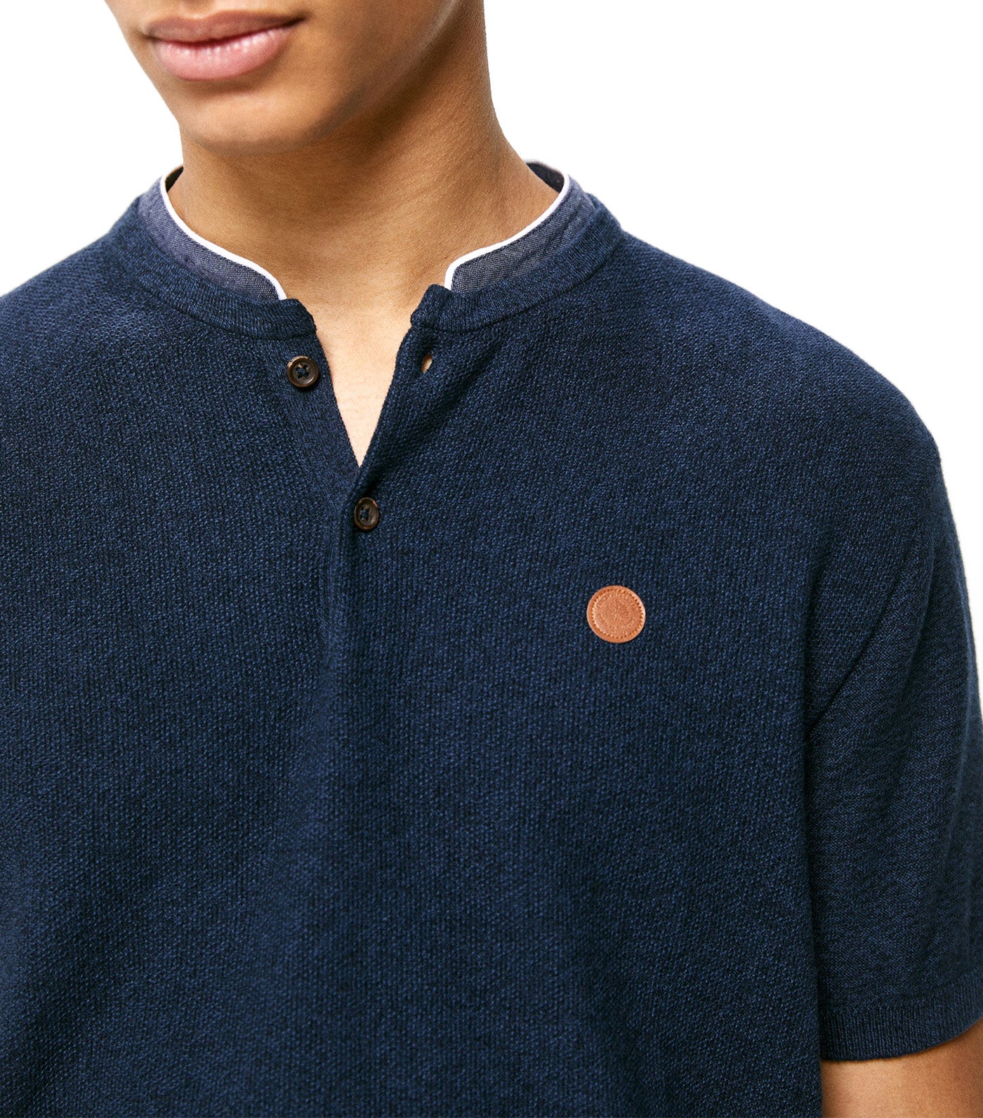 Jersey-Knit Mandarin Collar Polo Shirt Navy