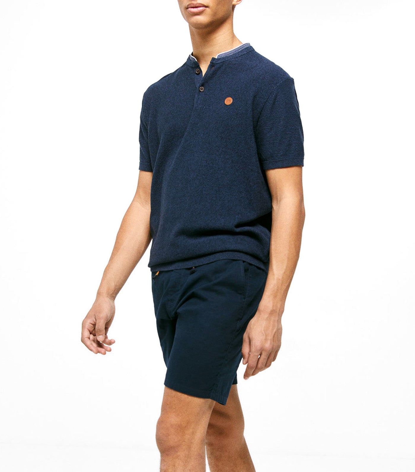 Jersey-Knit Mandarin Collar Polo Shirt Navy