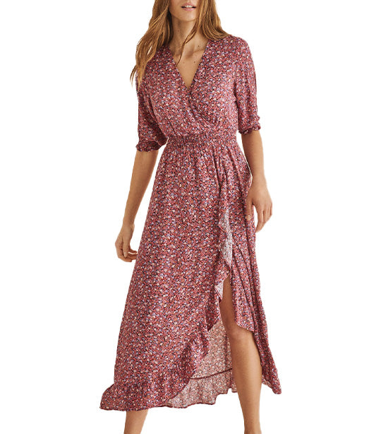 Printed Ruffled Midi Dress Pink