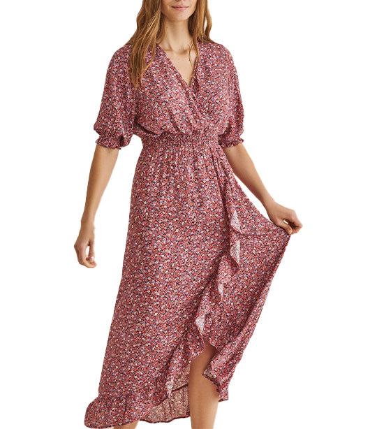 Printed Ruffled Midi Dress Pink