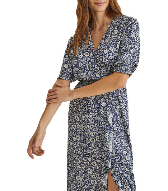 Printed Ruffled Midi Dress Blue