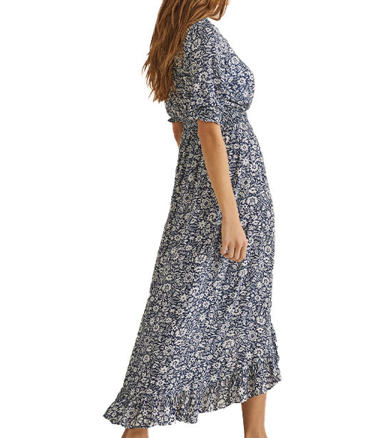 Printed Ruffled Midi Dress Blue