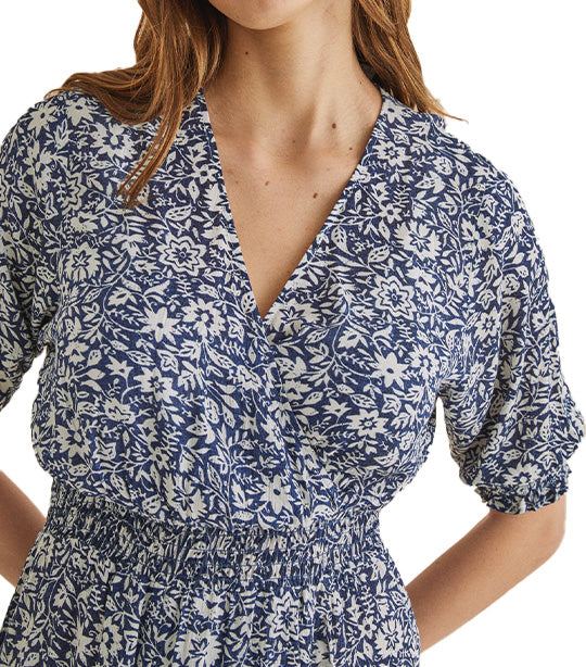 Printed Ruffled Midi Dress Blue