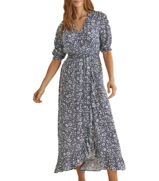 Printed Ruffled Midi Dress Blue