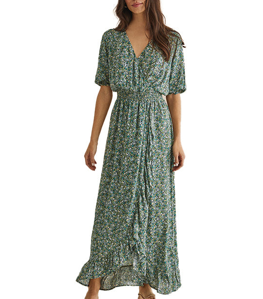 Printed Ruffled Midi Dress Green