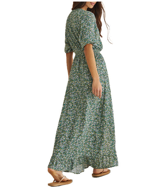 Printed Ruffled Midi Dress Green