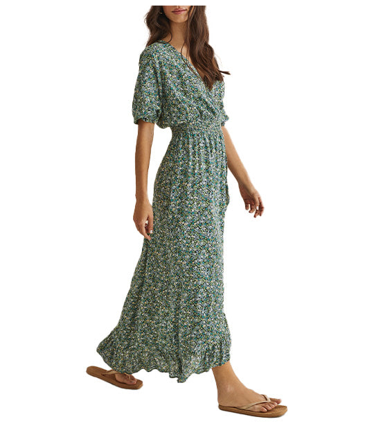 Printed Ruffled Midi Dress Green