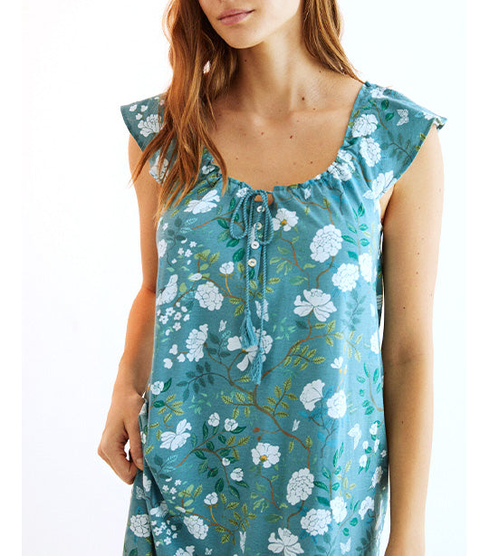 Printed Ruffle Nightgown Turquoise